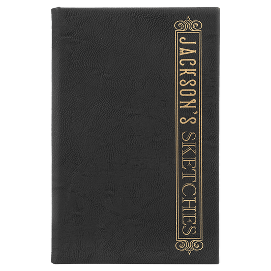 5 1/4" x 8 1/4" Black/Gold Laserable Leatherette Sketch Book with Unlined Notepad