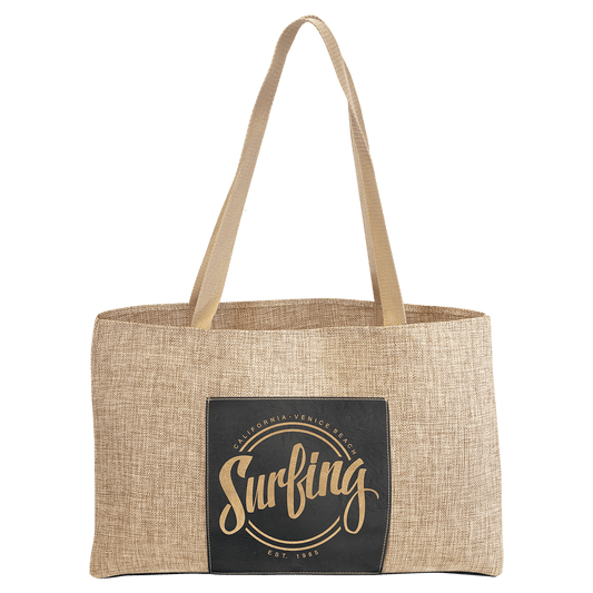Burlap Bag with 5" Black/Gold Engravable Leatherette Gusset - 19" x 12"