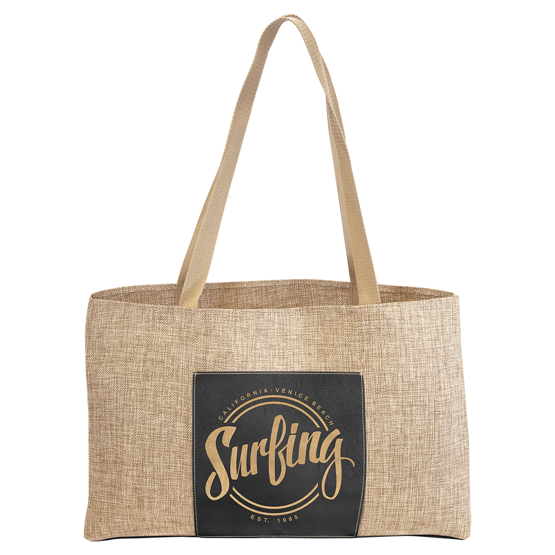 19" x 12" Burlap Bag with 5" Black/Gold Laserable Leatherette Gusset