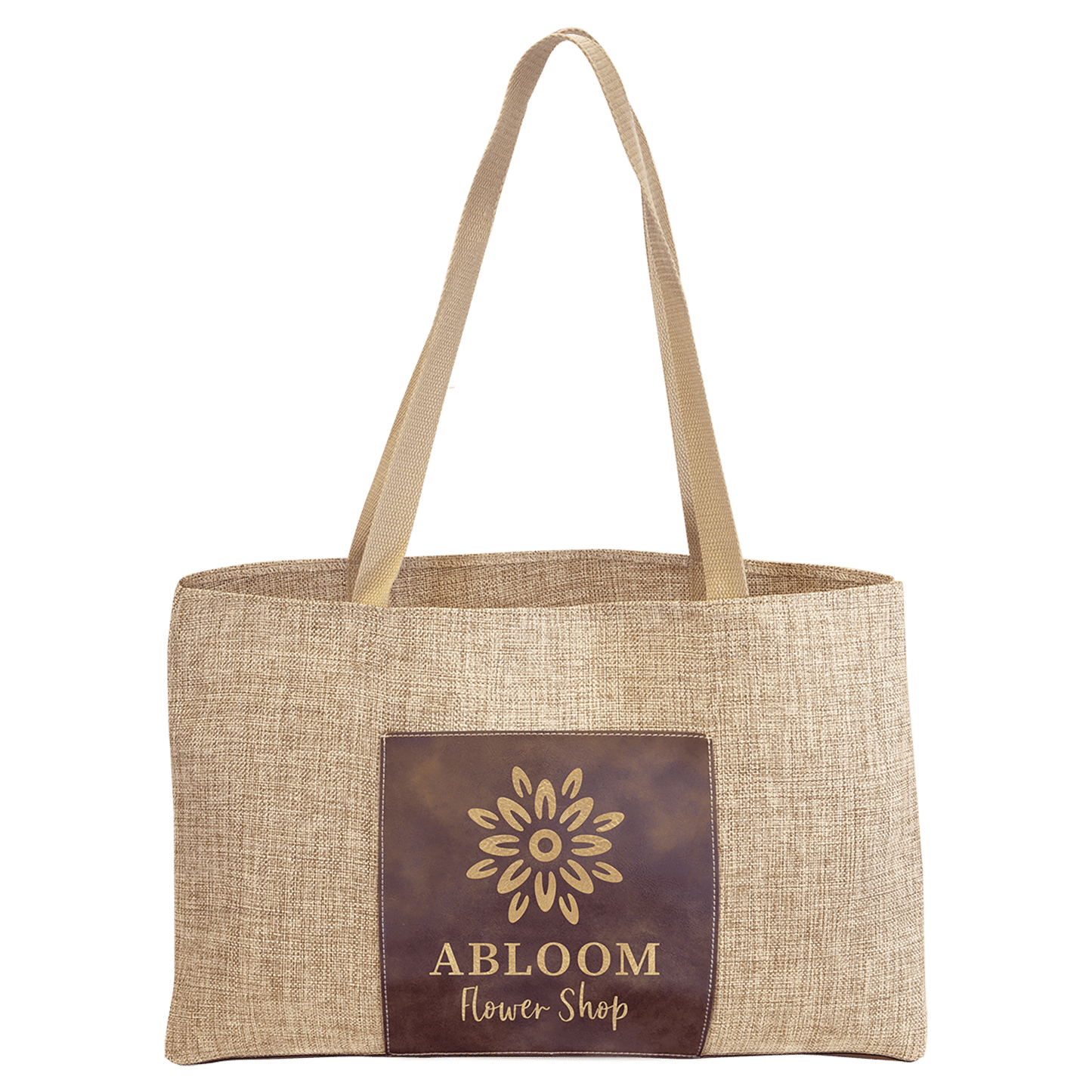 Burlap Bag with 5" Rustic/Gold Engravable Leatherette Gusset - 19" x 12"