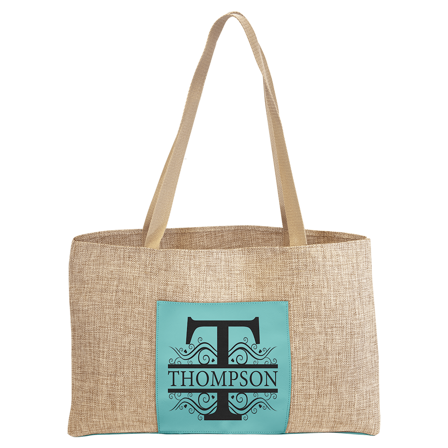 Burlap Bag with 5" Teal Engravable Leatherette Gusset - 19" x 12"