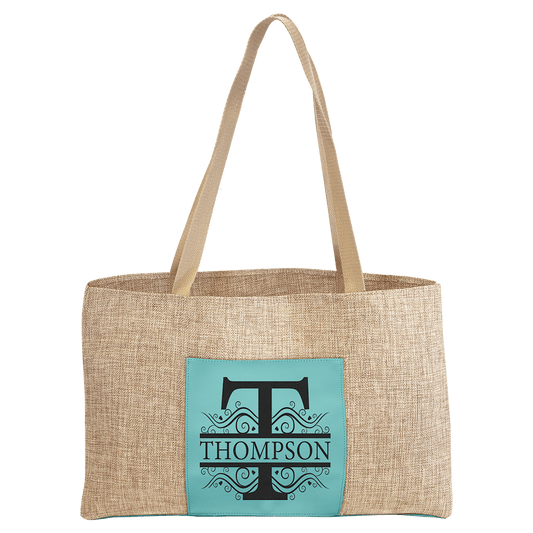 Burlap Bag with 5" Teal Engravable Leatherette Gusset - 19" x 12"