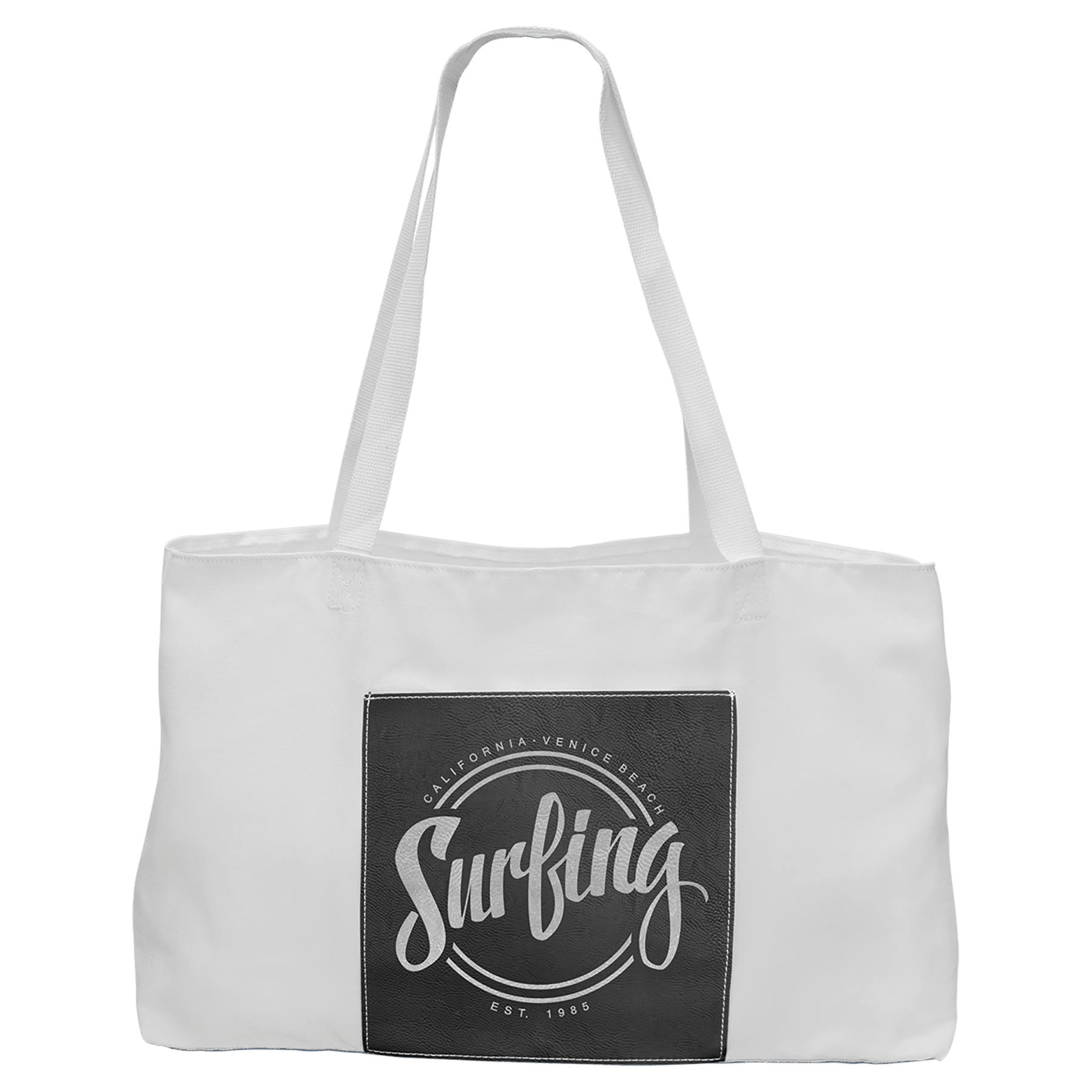 White Bag with 5" Black/Silver Engravable Leatherette Gusset - 19" x 12"
