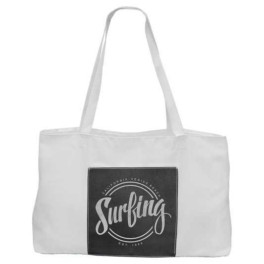 White Bag with 5" Black/Silver Engravable Leatherette Gusset - 19" x 12"