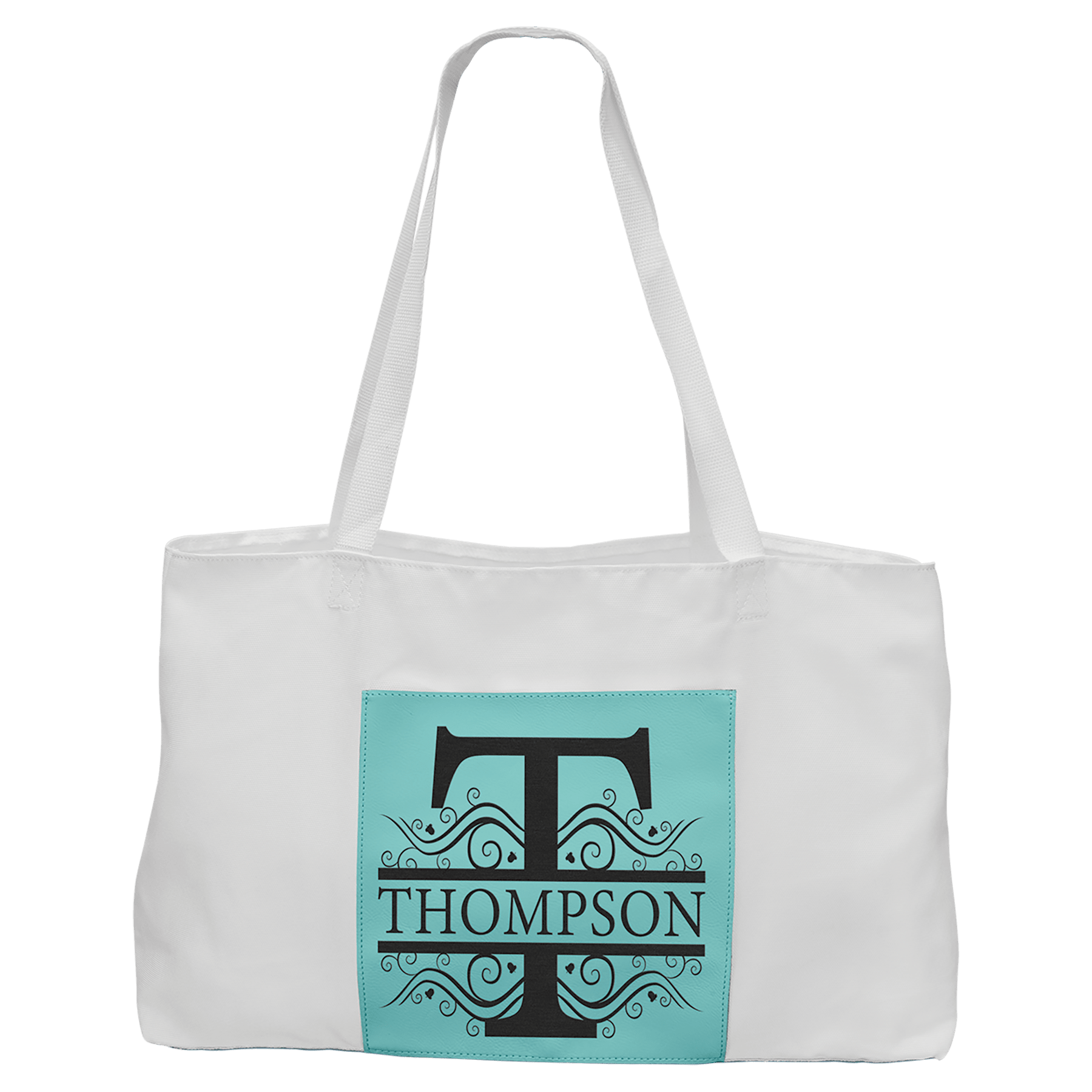 White Bag with 5" Teal Engravable Leatherette Gusset - 19" x 12"