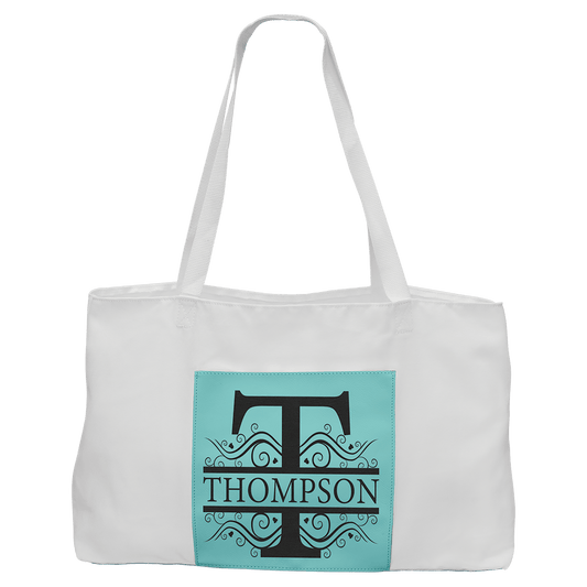 19" x 12" White Bag with 5" Teal Laserable Leatherette Gusset