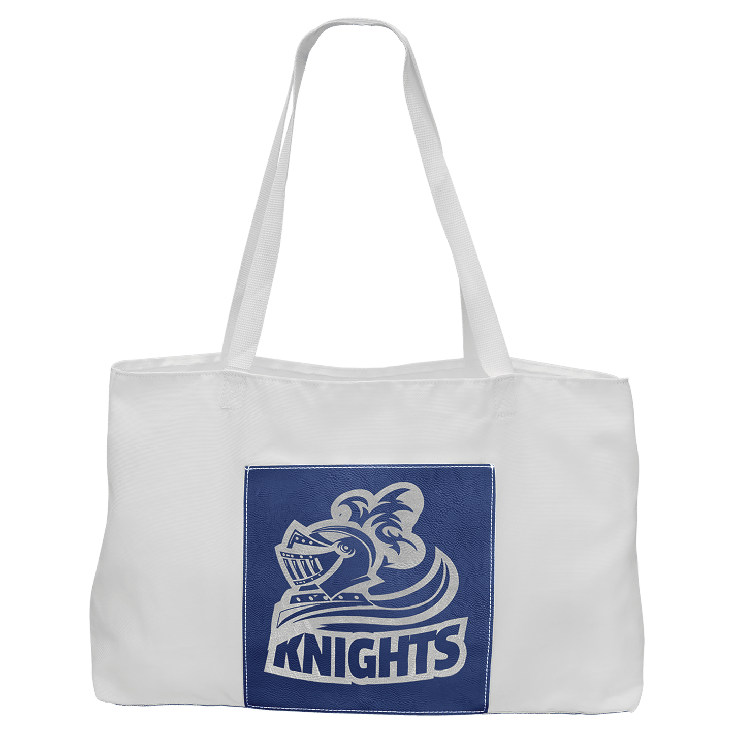 White Bag with 5" Blue/Silver Engravable Leatherette Gusset - 19" x 12"