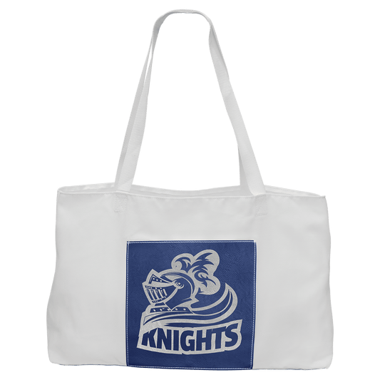 White Bag with 5" Blue/Silver Engravable Leatherette Gusset - 19" x 12"