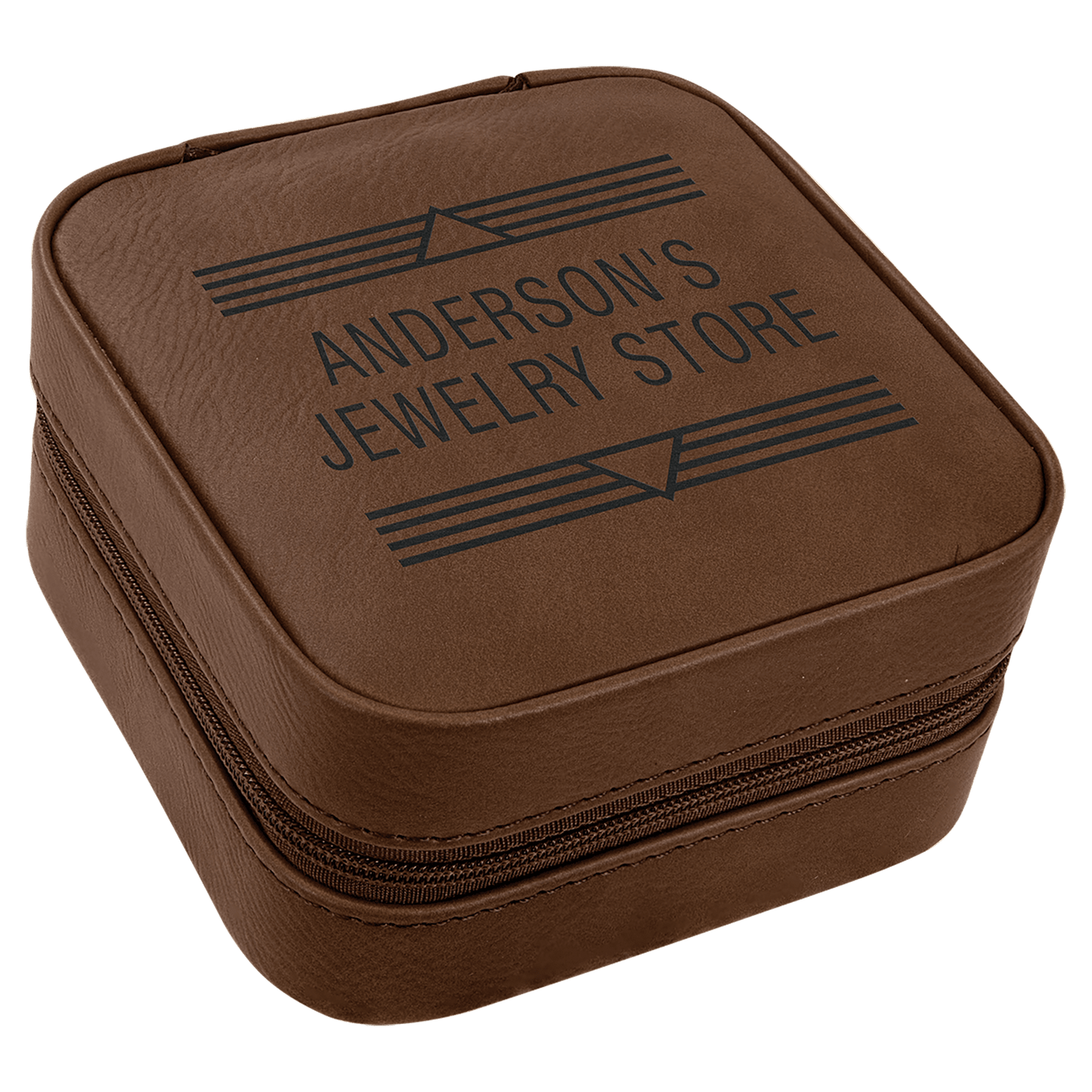 Dark Brown Engravable Leatherette Travel Jewelry Box with Tan Lining - 4" X 4"
