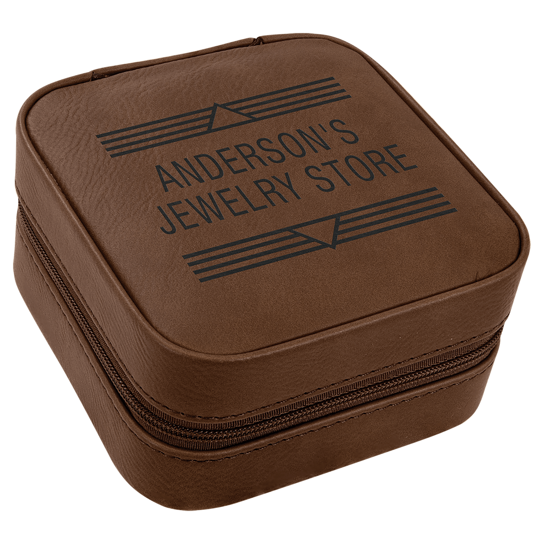 Dark Brown Engravable Leatherette Travel Jewelry Box with Tan Lining - 4" X 4"