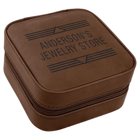Dark Brown Engravable Leatherette Travel Jewelry Box with Tan Lining - 4" X 4"