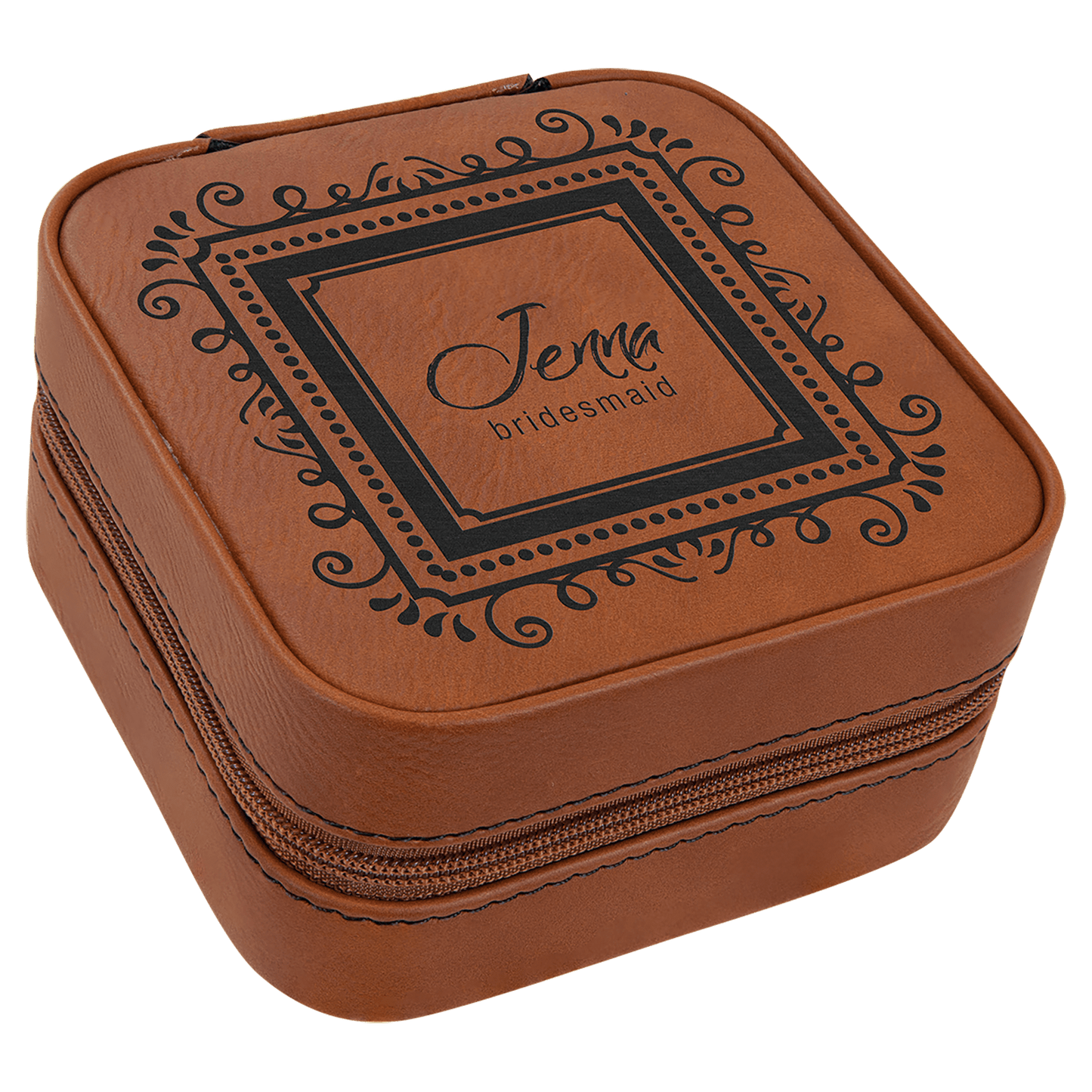 Rawhide Engravable Leatherette Travel Jewelry Box with Tan Lining - 4" X 4"