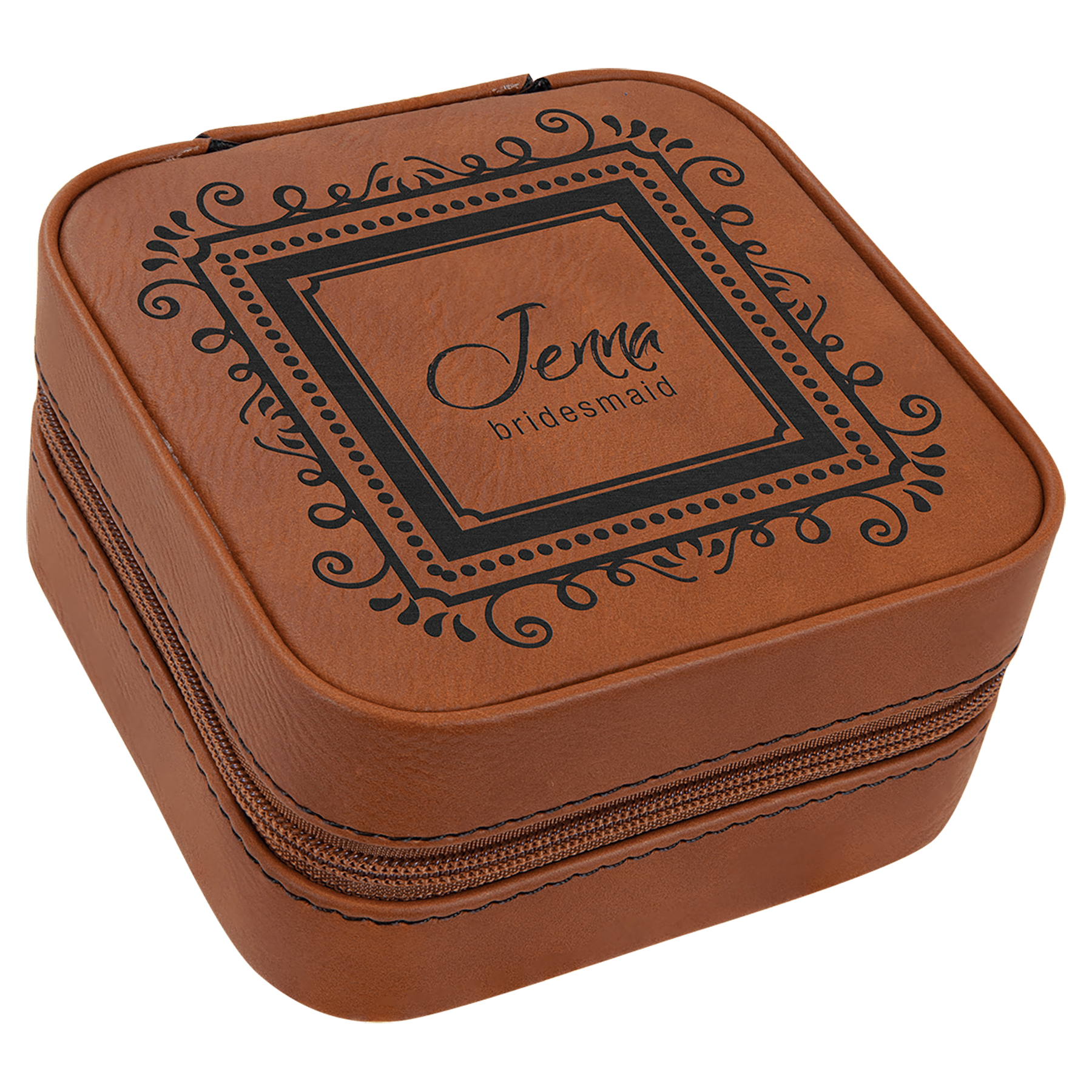 Rawhide Engravable Leatherette Travel Jewelry Box with Tan Lining - 4" X 4"