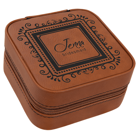 Rawhide Engravable Leatherette Travel Jewelry Box with Tan Lining - 4" X 4"