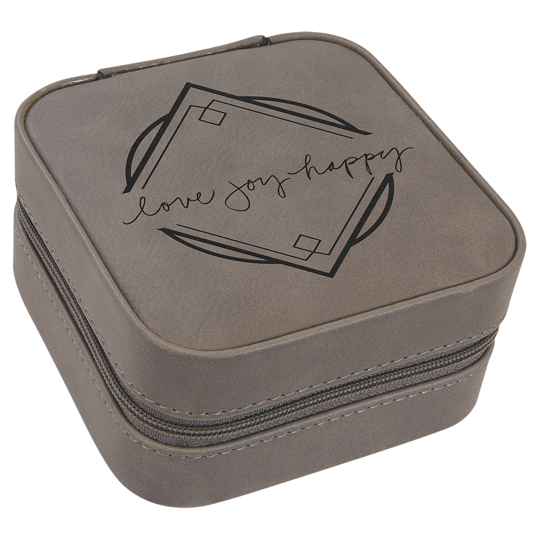 Gray Engravable Leatherette Travel Jewelry Box with Tan Lining - 4" X 4"
