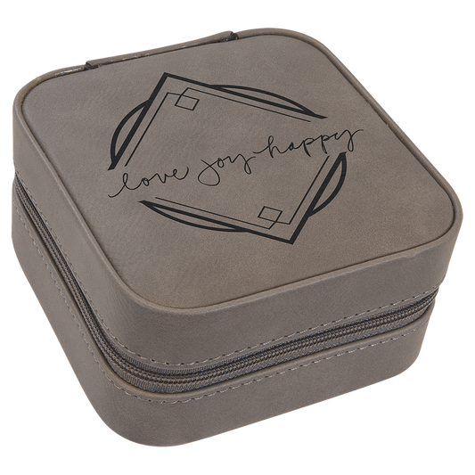Gray Engravable Leatherette Travel Jewelry Box with Tan Lining - 4" X 4"