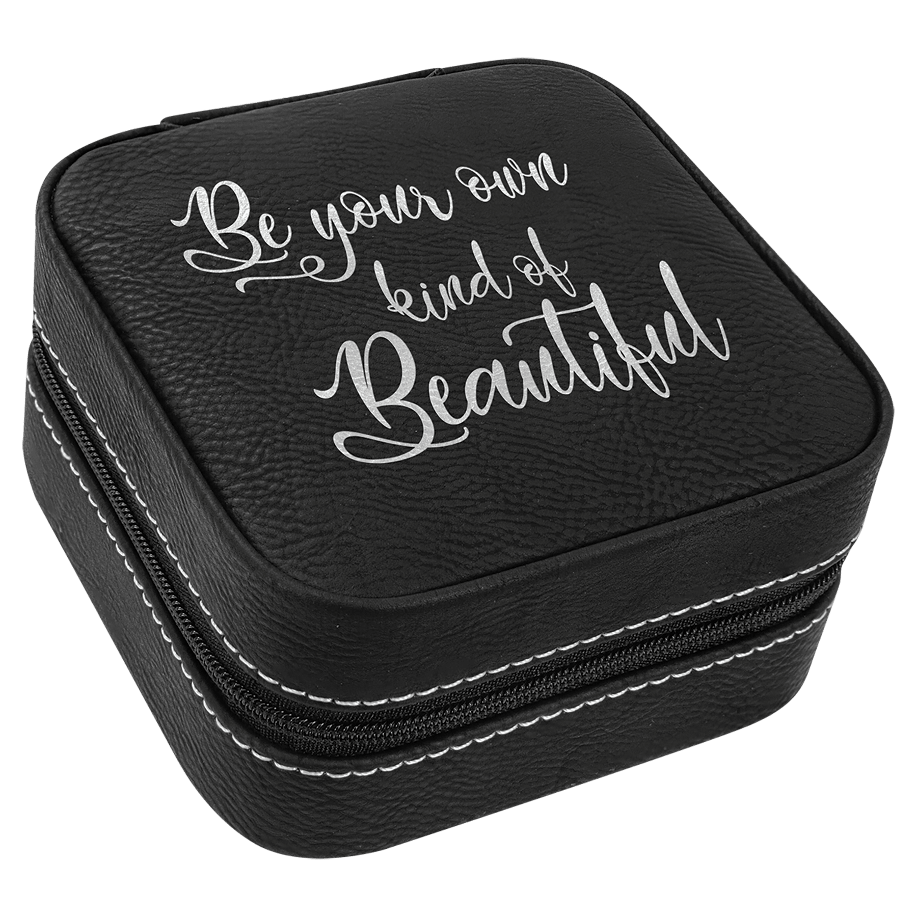 Black/Silver Engravable Leatherette Travel Jewelry Box with Tan Lining - 4" x 4"