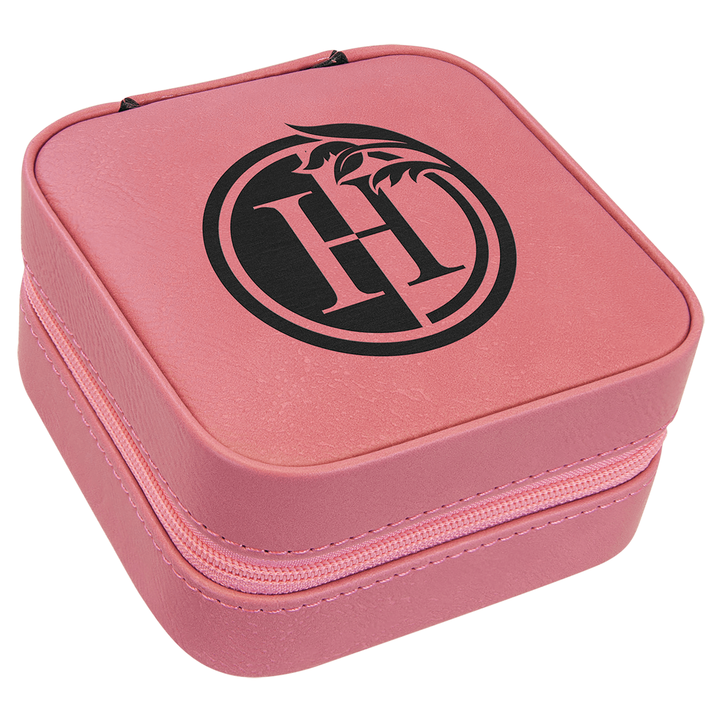 Pink Engravable Leatherette Travel Jewelry Box with Tan Lining - 4" X 4"