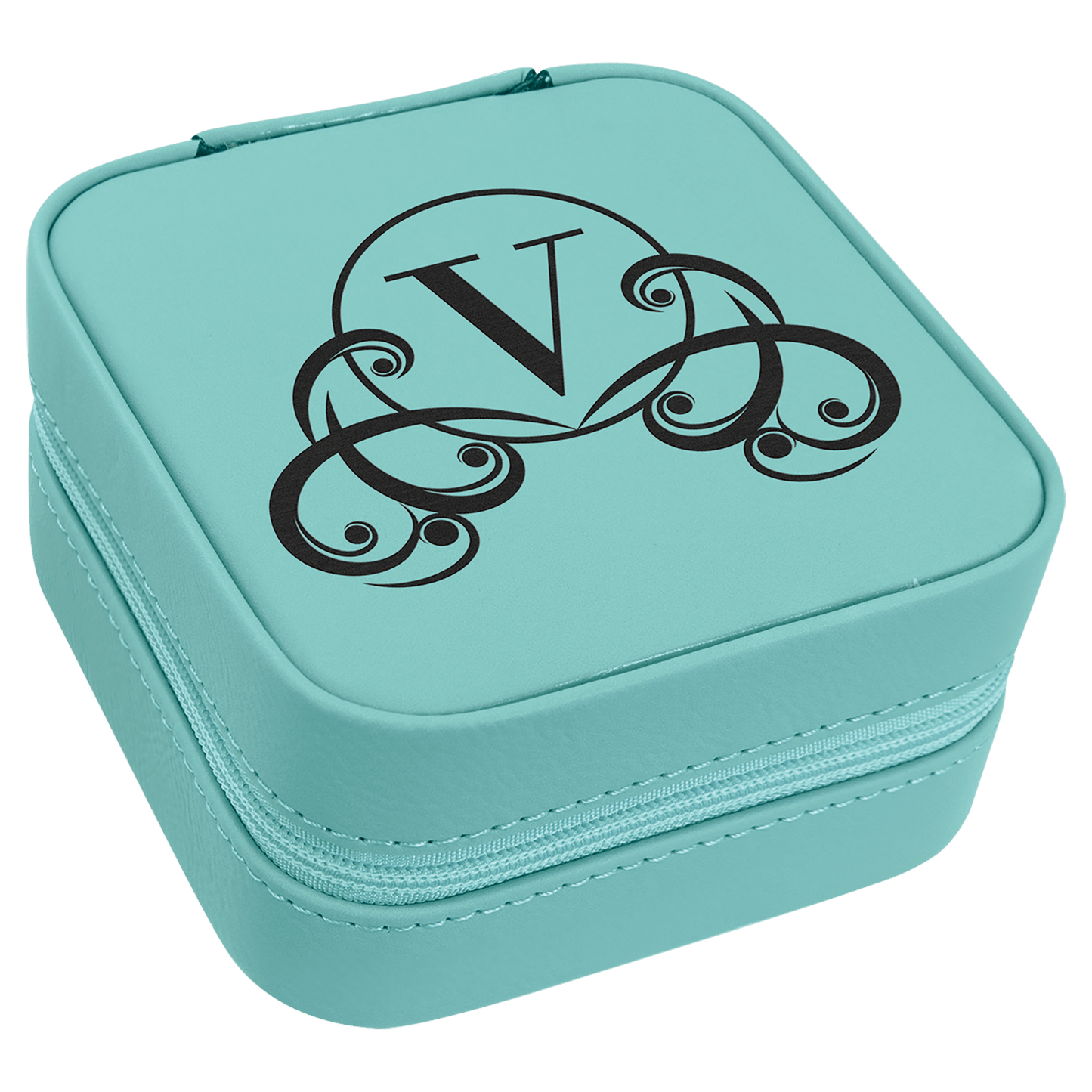 Teal Engravable Leatherette Travel Jewelry Box with Tan Lining - 4" X 4"