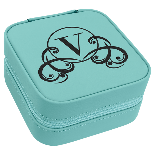 Teal Engravable Leatherette Travel Jewelry Box with Tan Lining - 4" X 4"