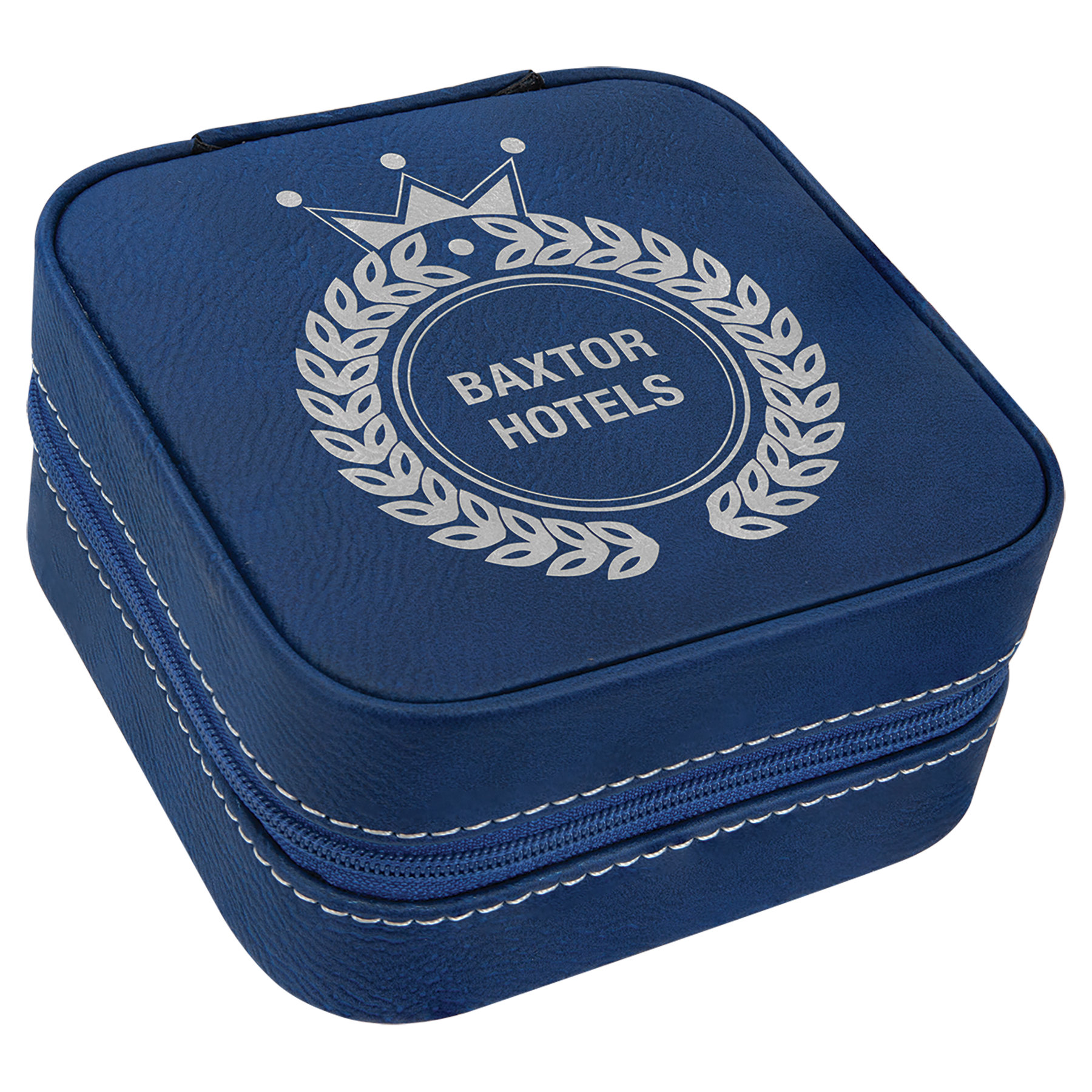 Blue/Silver Leatherette Travel Jewelry Box with Tan Lining - 4" X 4"
