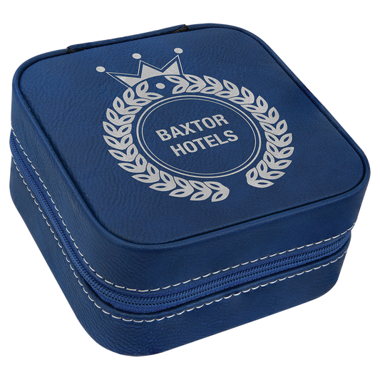 Blue/Silver Leatherette Travel Jewelry Box with Tan Lining - 4" X 4"