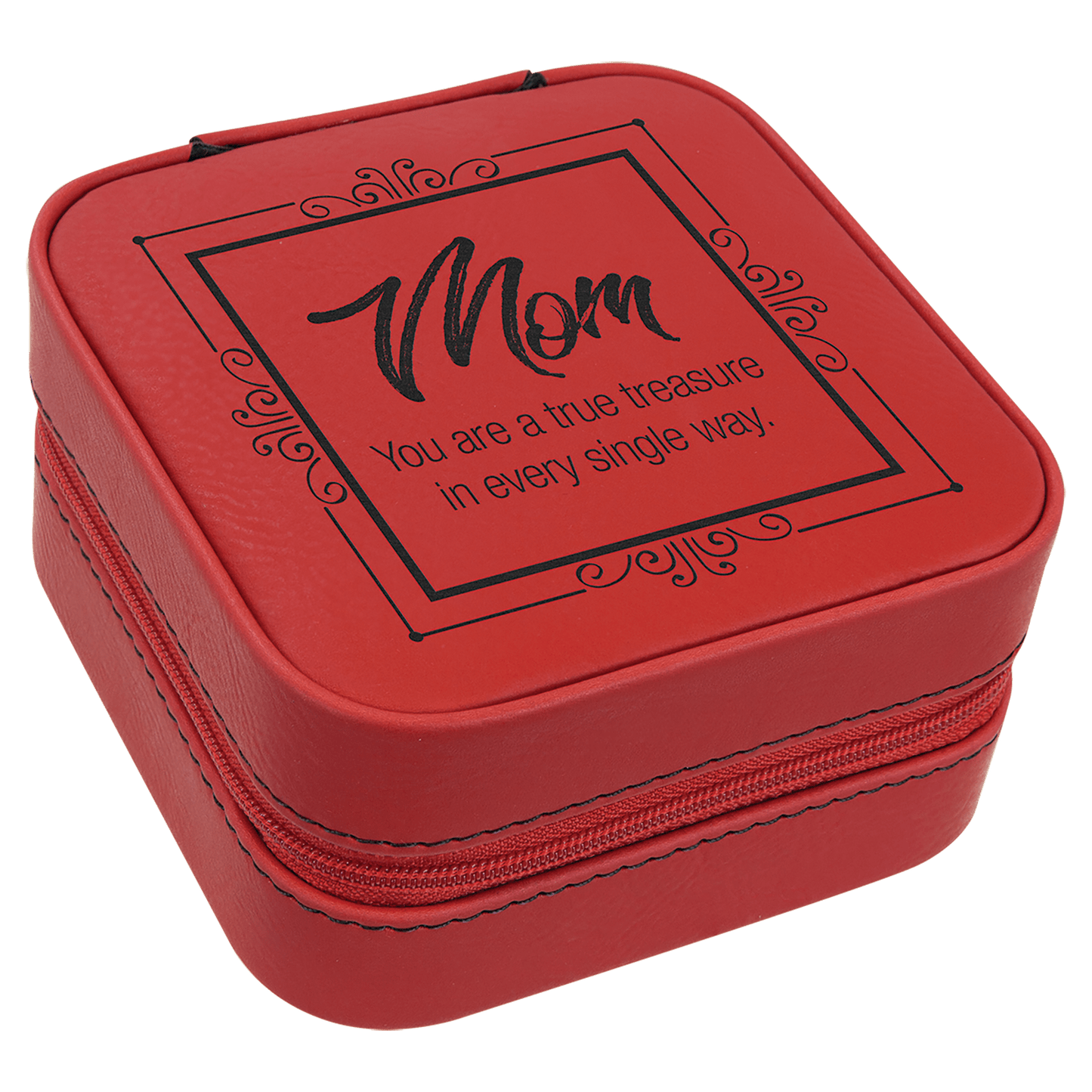 Red Engravable Leatherette Travel Jewelry Box with Tan Lining - 4" X 4"