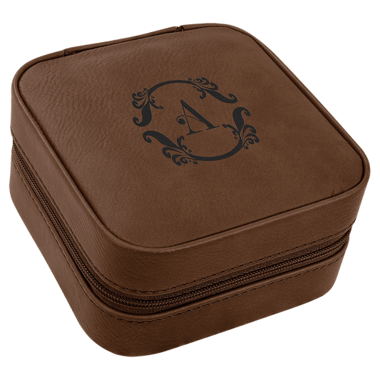Dark Brown Engravable Leatherette Travel Jewelry Box with Black Lining - 4" X 4"