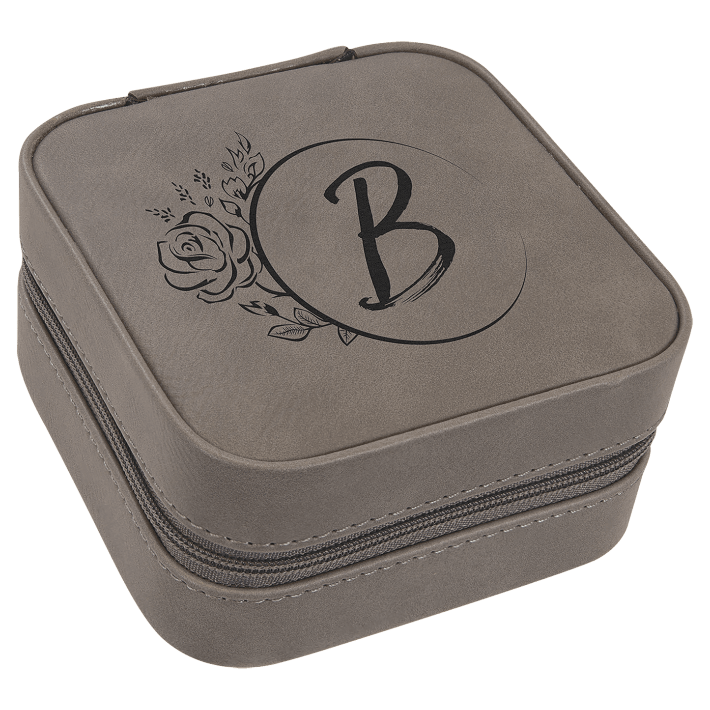 Gray Engravable Leatherette Travel Jewelry Box with Black Lining - 4" X 4"