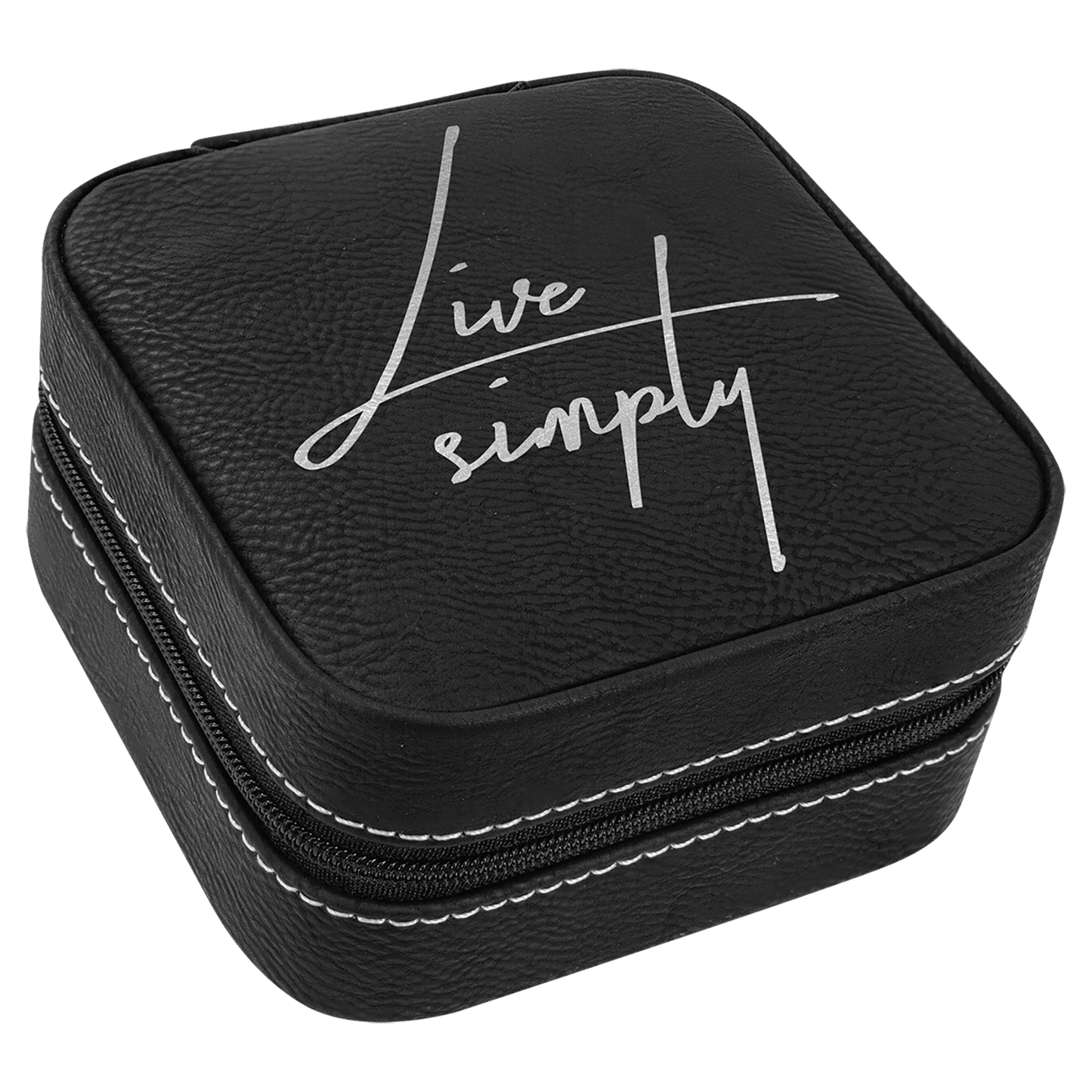 Black/Silver Engravable Leatherette Travel Jewelry Box with Black Lining - 4" X 4"