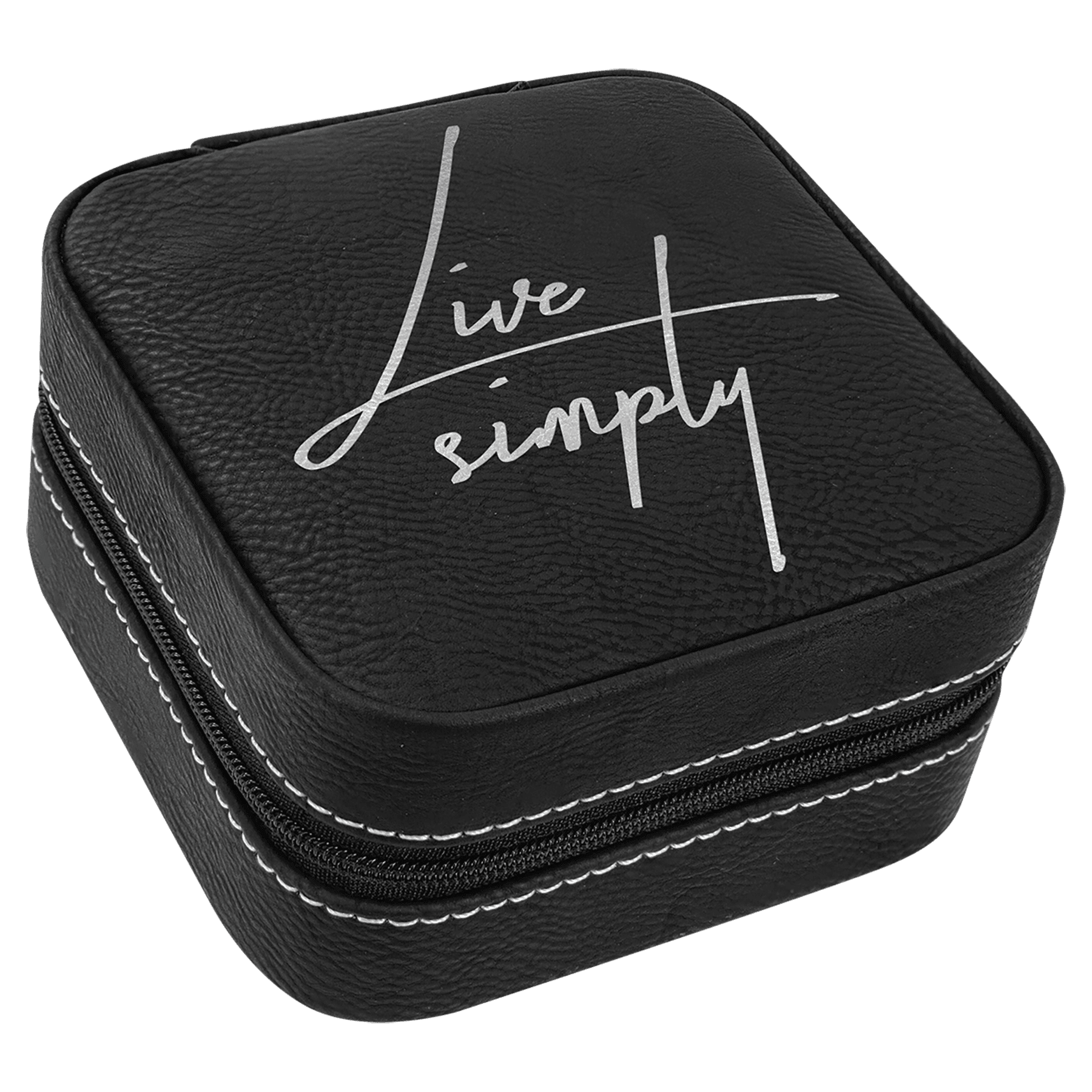 Black/Silver Engravable Leatherette Travel Jewelry Box with Black Lining - 4" X 4"