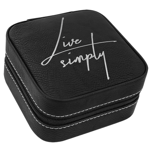 Black/Silver Engravable Leatherette Travel Jewelry Box with Black Lining - 4" X 4"