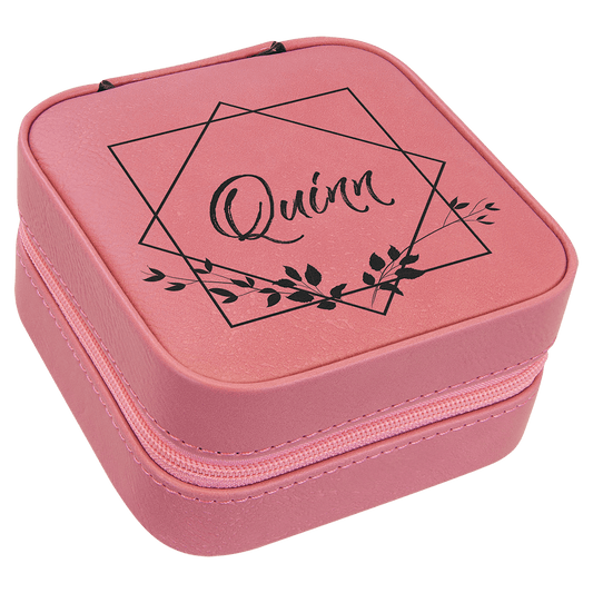 Pink Engravable Leatherette Travel Jewelry Box with Black Lining - 4" X 4"