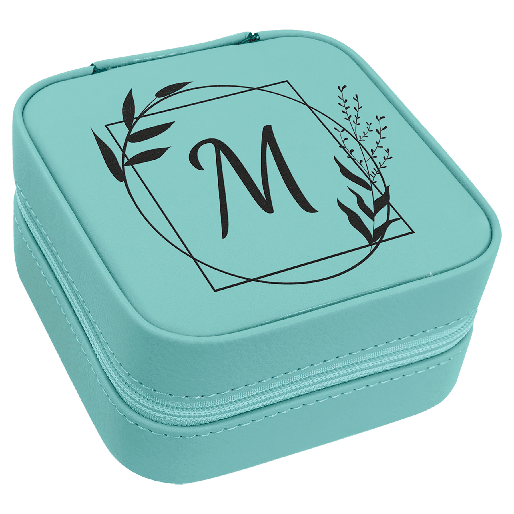Teal Engravable Leatherette Travel Jewelry Box with Black Lining - 4" X 4"