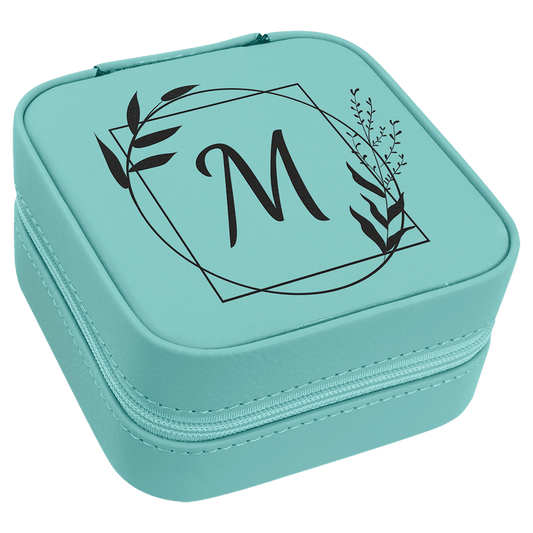 Teal Engravable Leatherette Travel Jewelry Box with Black Lining - 4" X 4"
