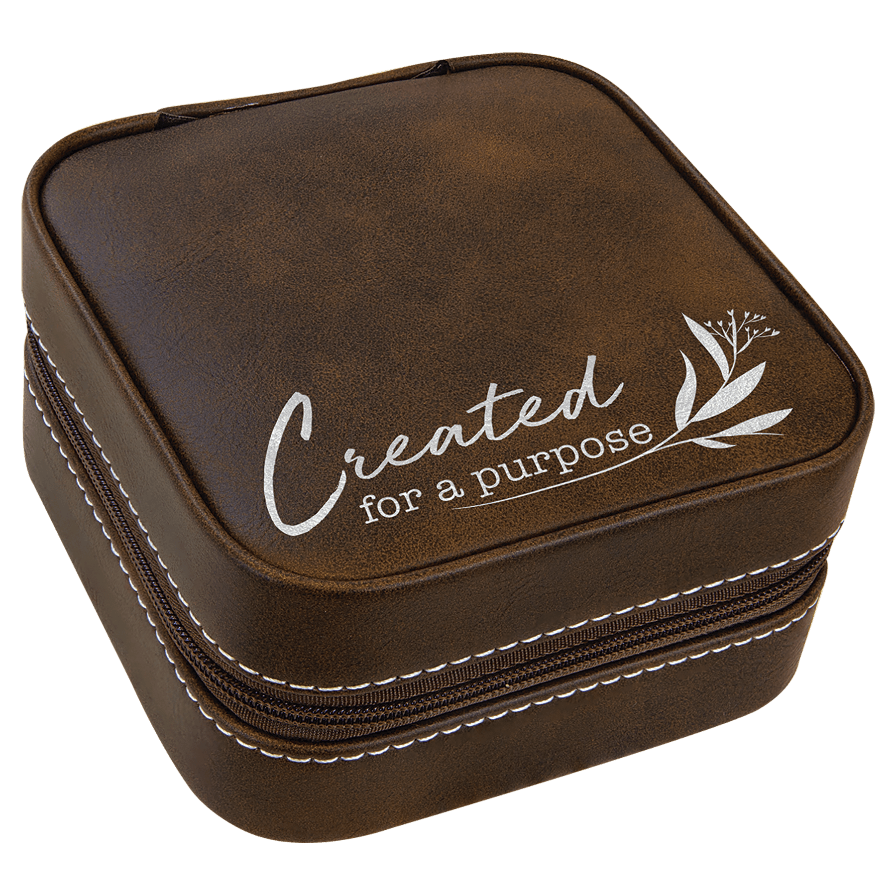 Rustic/Silver Engravable Leatherette Travel Jewelry Box with Black Lining - 4" X 4"
