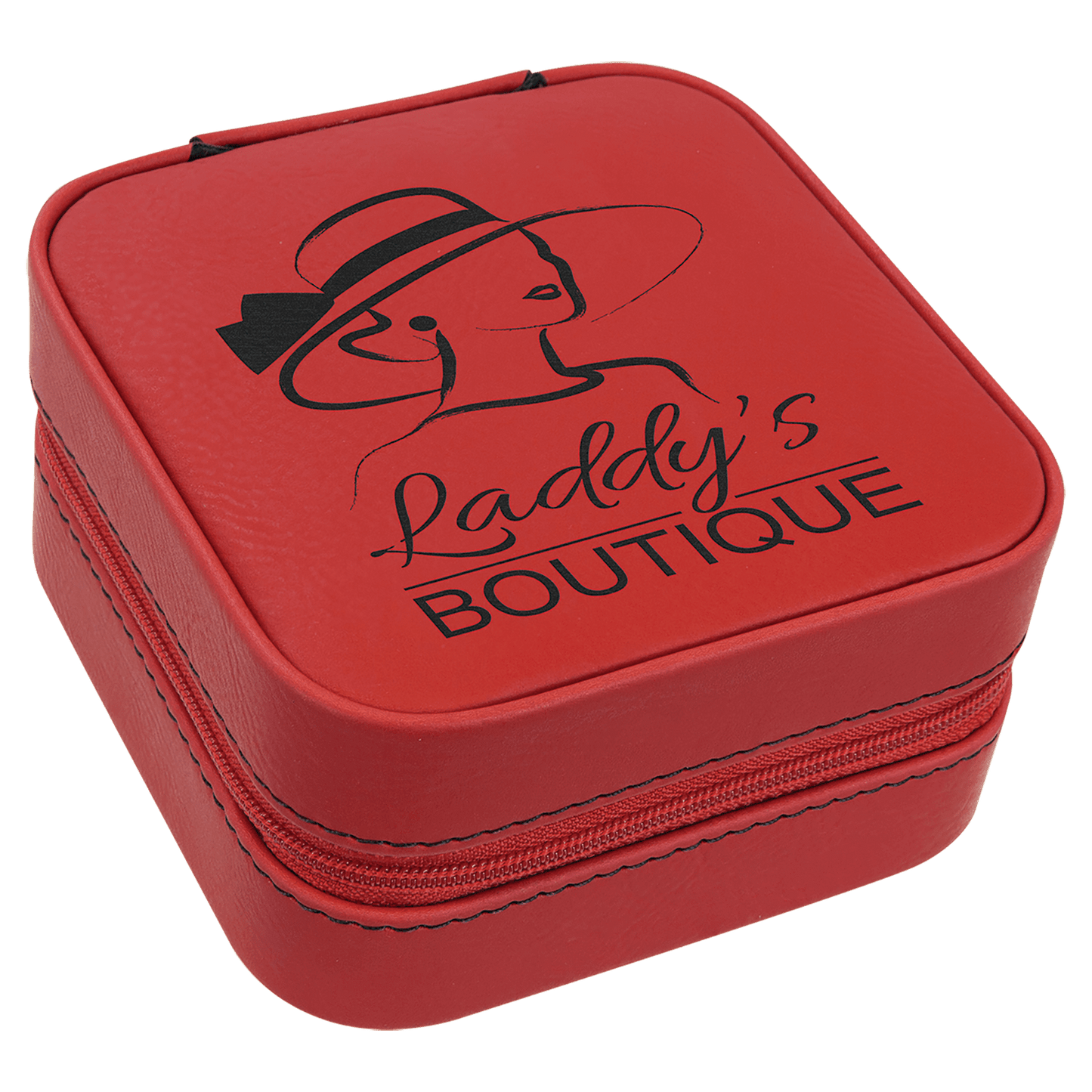 Red Engravable Leatherette Travel Jewelry Box with Black Lining - 4" X 4"