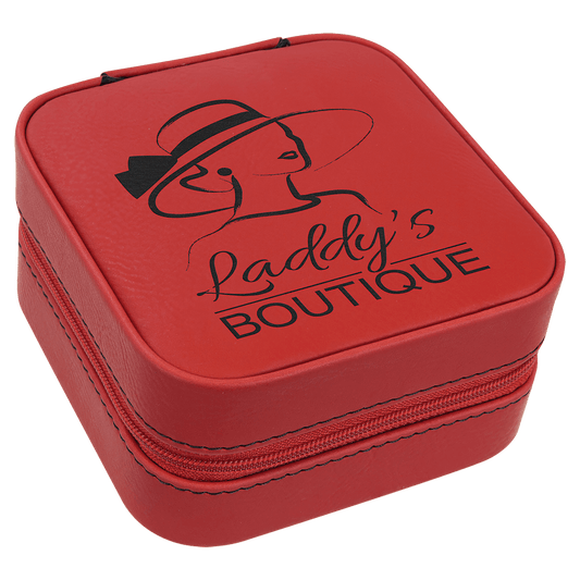 Red Engravable Leatherette Travel Jewelry Box with Black Lining - 4" X 4"