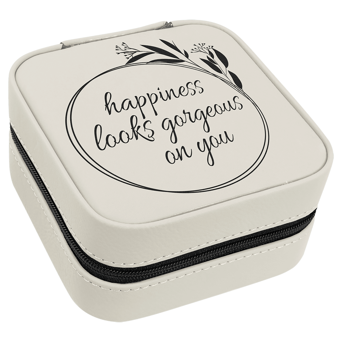 White/Black Engravable Leatherette Travel Jewelry Box with Black Lining - 4" X 4"