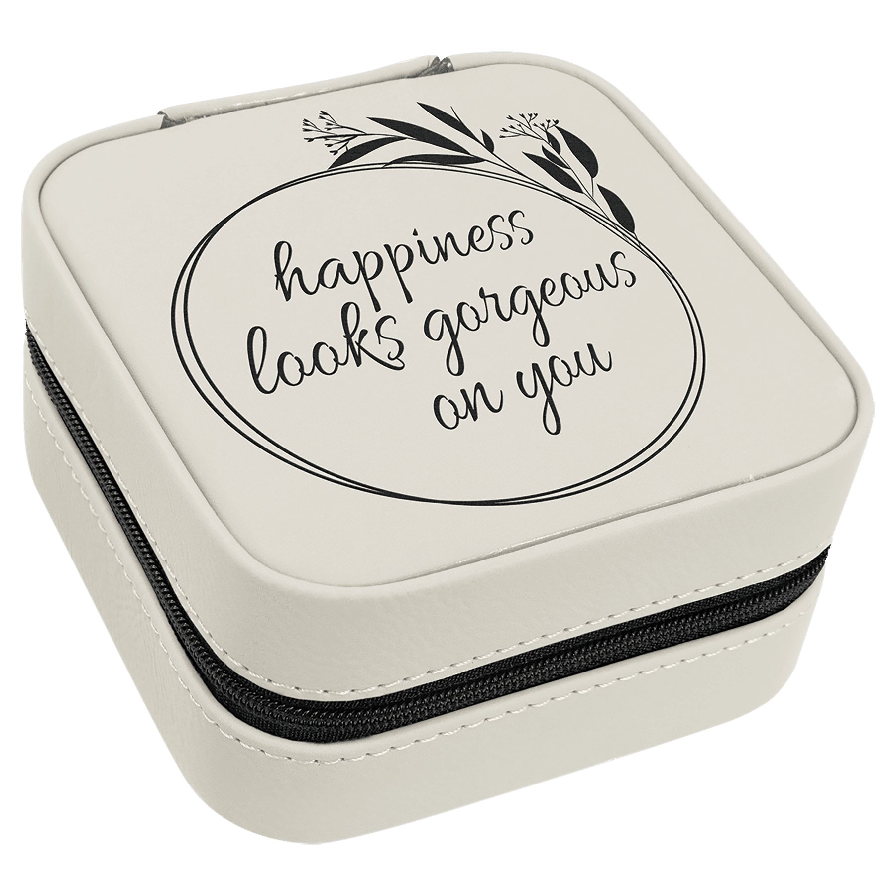 White/Black Engravable Leatherette Travel Jewelry Box with Black Lining - 4" X 4"