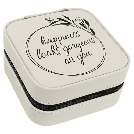 White/Black Engravable Leatherette Travel Jewelry Box with Black Lining - 4" X 4"