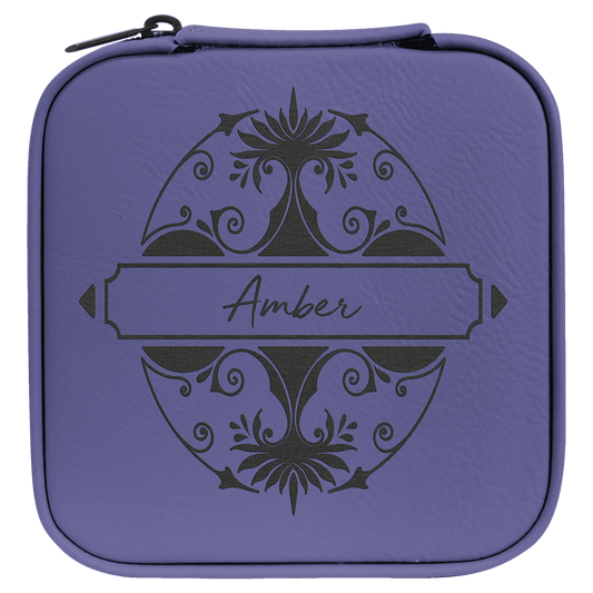 Purple/Black Engravable Leatherette Travel Jewelry Box with Black Lining - 4" X 4"