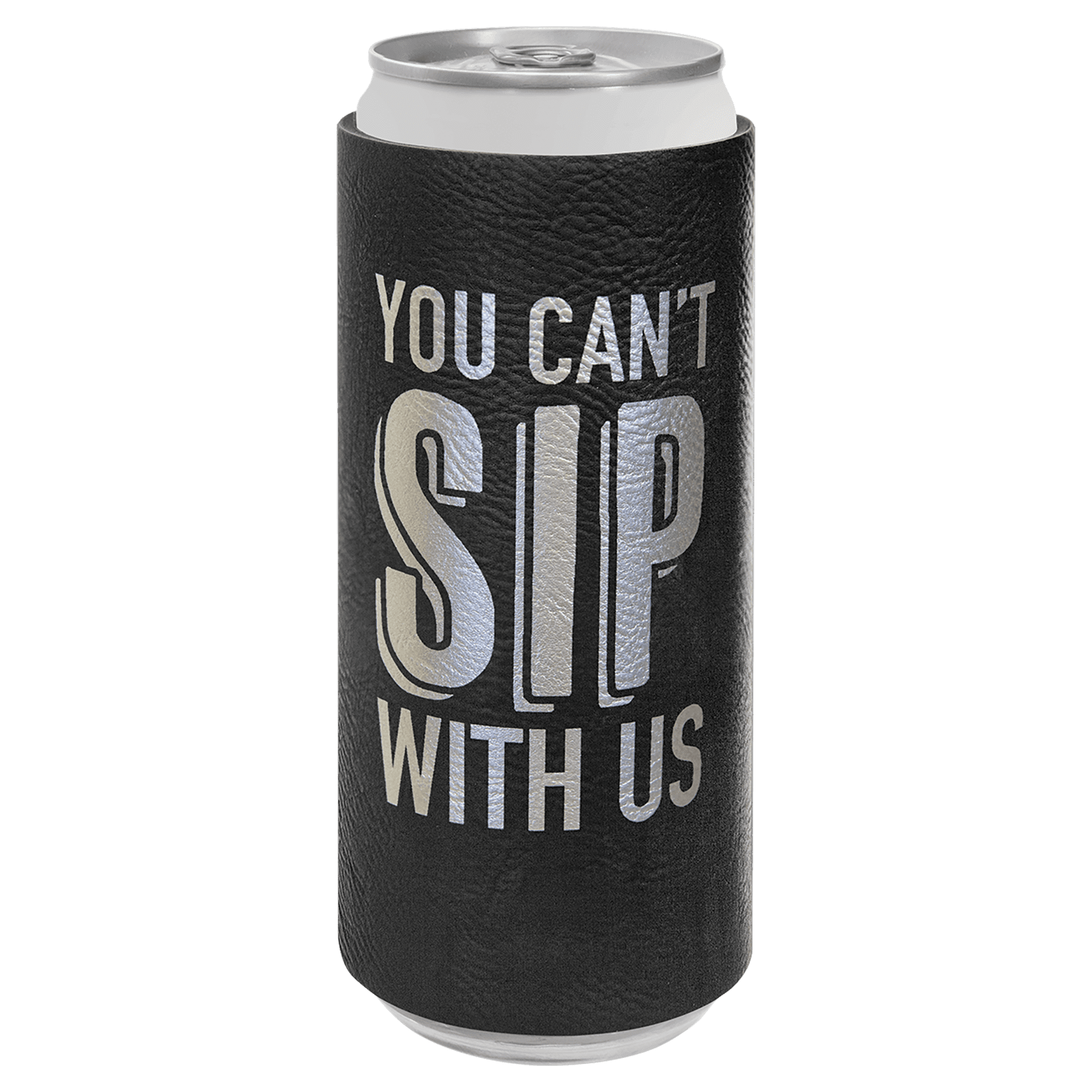 Black/Silver Engravable Leatherette Slim Beverage Holder