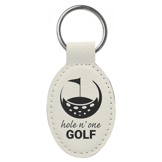 White Engravable Leatherette Oval Keychain - 3" x 1 3/4"
