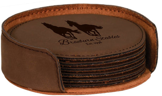 Dark Brown Round Engravable Leatherette 6-Coaster Set - 4"