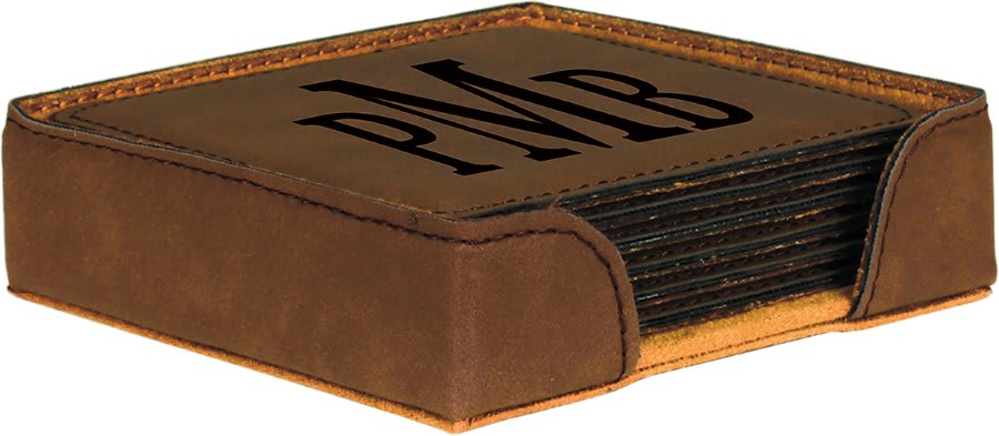 Dark Brown Square Engravable Leatherette 6-Coaster Set - 4" x 4"