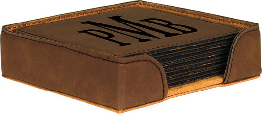 Dark Brown Square Engravable Leatherette 6-Coaster Set - 4" x 4"