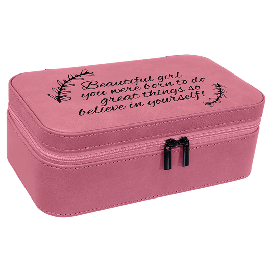 Pink Engravable Leatherette Jewelry Box - 7 1/2" X 4 1/2"