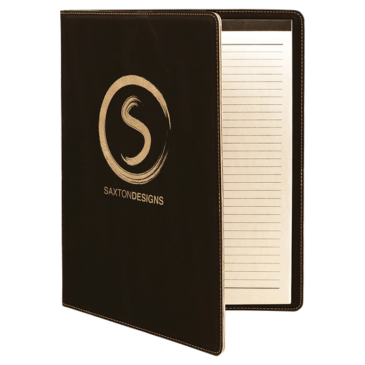 9 1/2" x 12" Black/Gold Laserable Leatherette Portfolio with Notepad