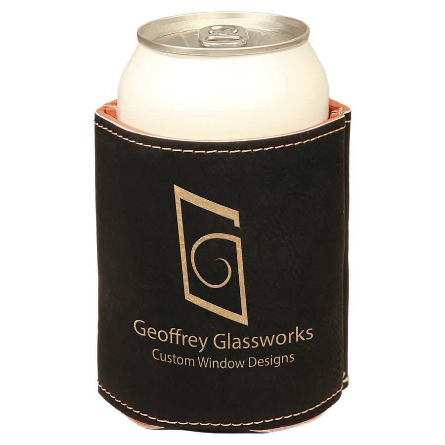 Black/Gold Engravable Leatherette Beverage Holder - 3 3/4"
